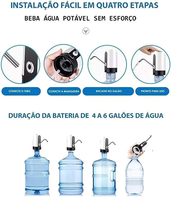 Bomba Elétrica Bebedouro Recarregável USB para Garrafão Galão D'água 5 a 20 Litros